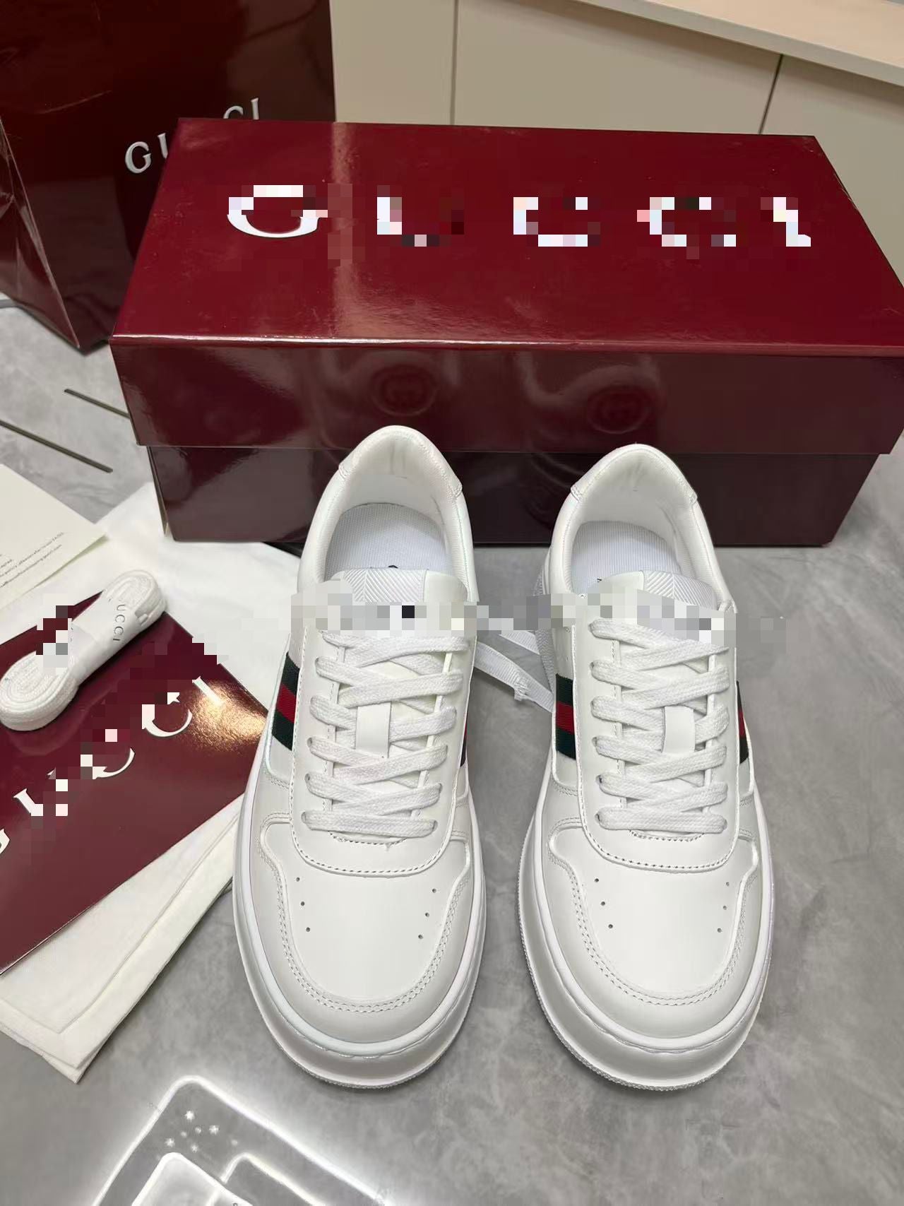 Chunky B Leather Platform Sneakers - White with Web Stripe