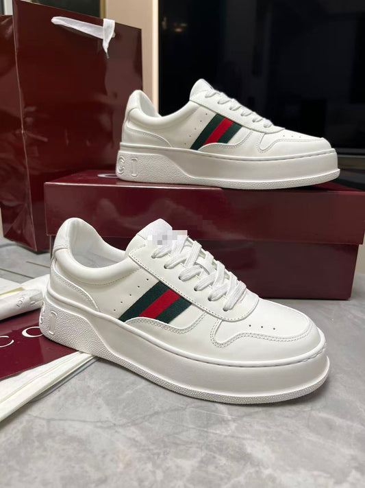 Chunky B Leather Platform Sneakers - White with Web Stripe