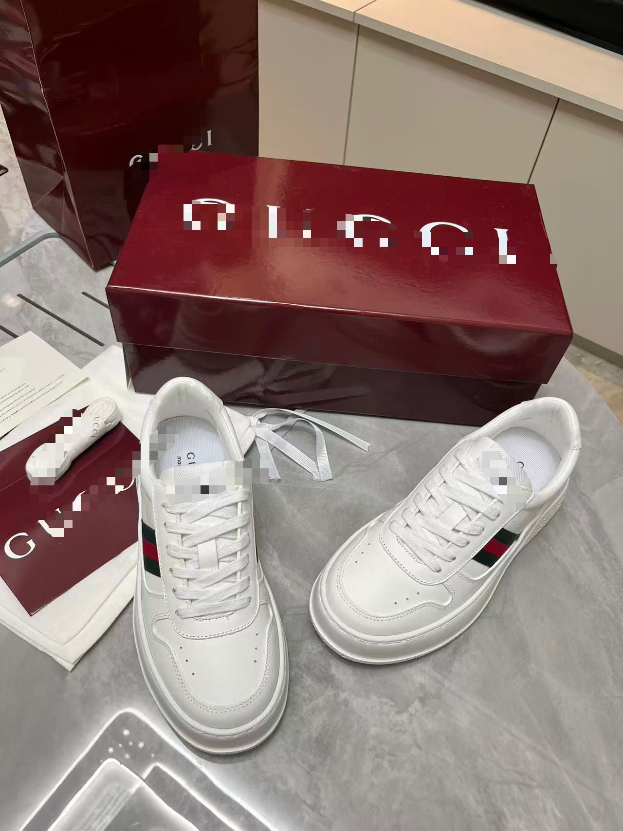 Chunky B Leather Platform Sneakers - White with Web Stripe
