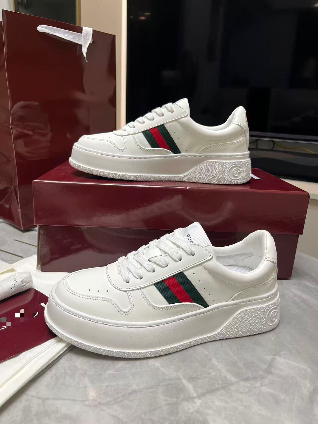 Chunky B Leather Platform Sneakers - White with Web Stripe