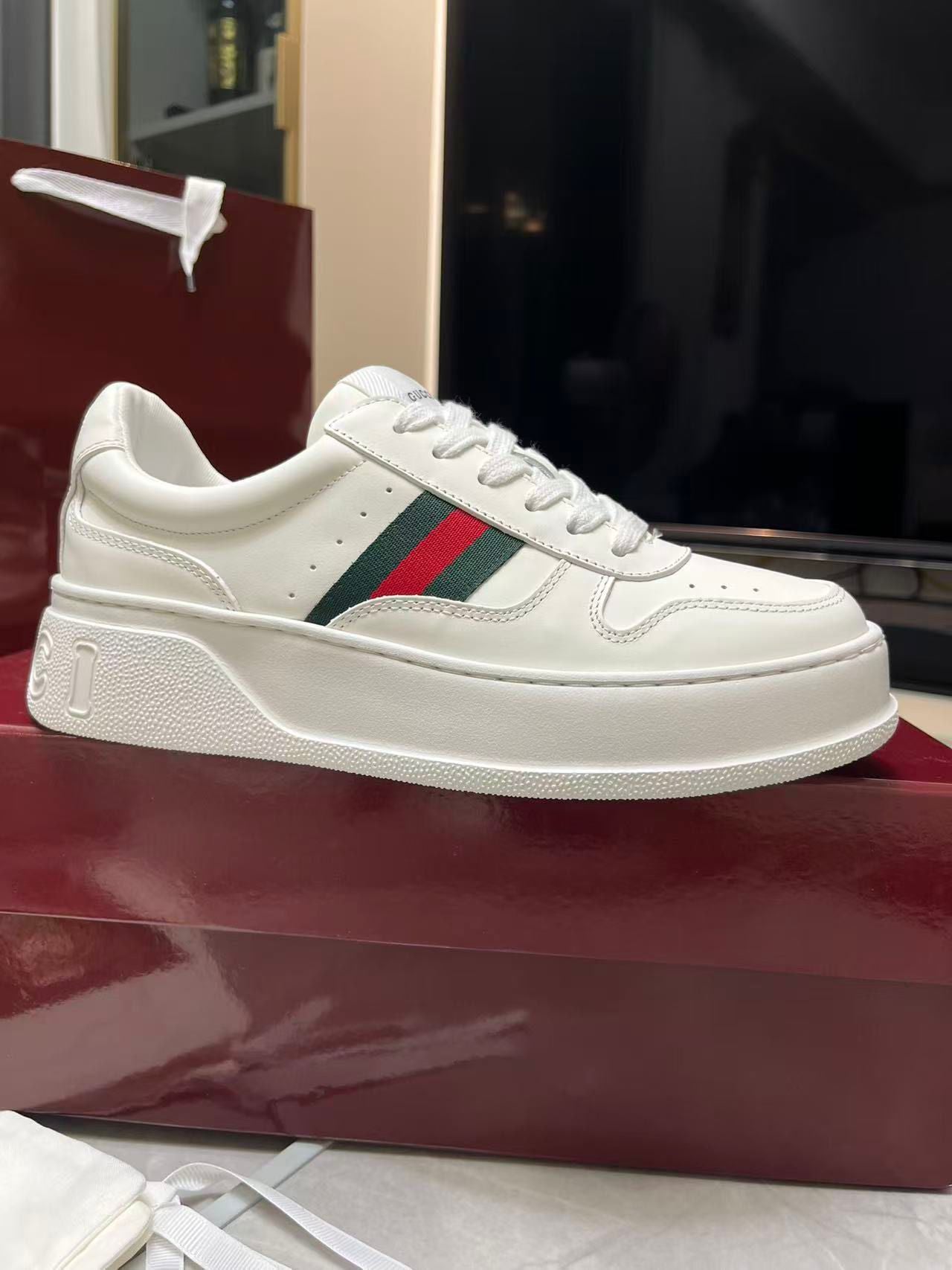 Chunky B Leather Platform Sneakers - White with Web Stripe