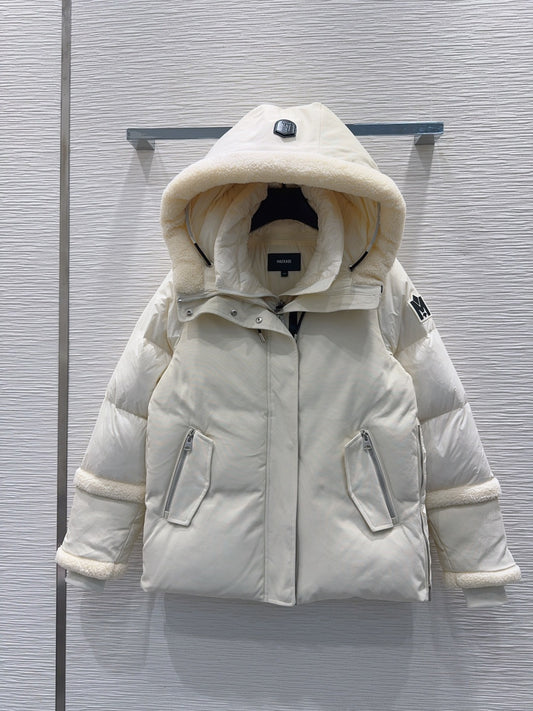 Sherpa Fleece Down Jacket – Women’s Short Luxury Puffer with Lamb’s Wool Trim  | Cream/White