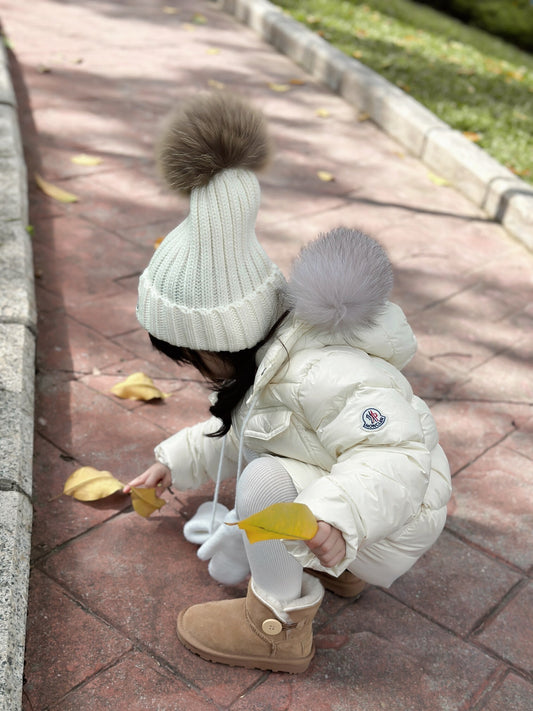Ivory Kids' Winter Puffer Coat with Faux Fur Hood & Beanie Set