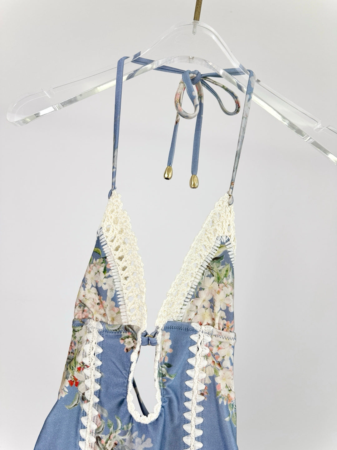 Crochet Keyhole Chambray Floral One Piece Swimsuit – Faded Cottage Floral Halter Swimsuit