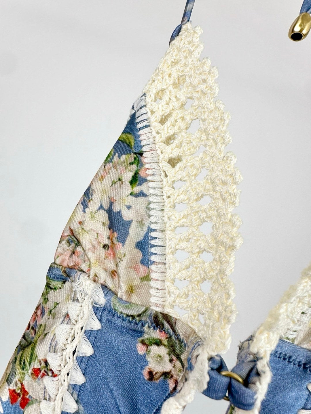 Crochet Keyhole Chambray Floral One Piece Swimsuit – Faded Cottage Floral Halter Swimsuit