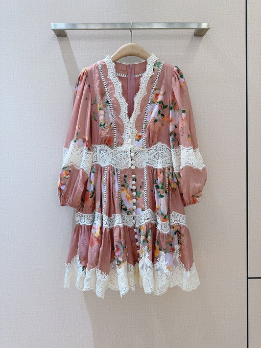 Corsage Bauble Lace Mini Dress – Dusty Pink Floral Linen-Blend Mini with Optic White Guipure Lace Trim