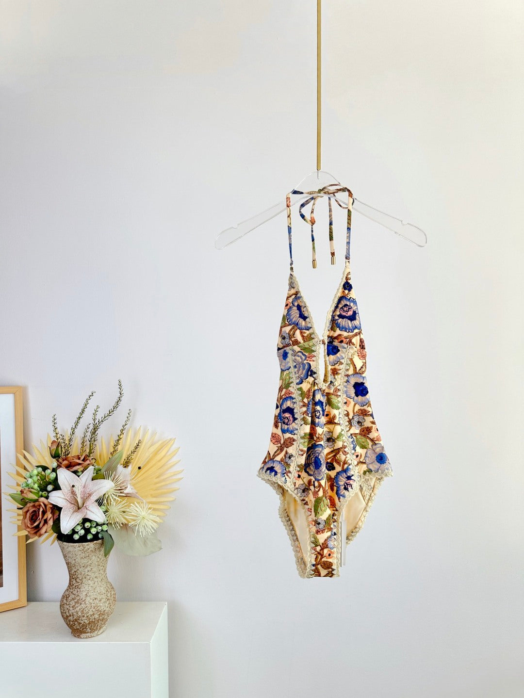 Devi Crochet-Trim Floral One-Piece Swimsuit – Yellow Multi-Color Botanical Halter Swimsuit