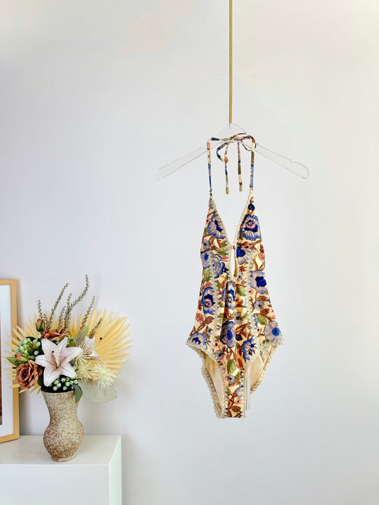 Devi Crochet-Trim Floral One-Piece Swimsuit – Yellow Multi-Color Botanical Halter Swimsuit