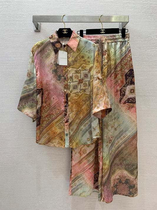 Tallow Relaxed Silk Shirt – Multi-Color Baroque Ombré Twill Silk Blouse