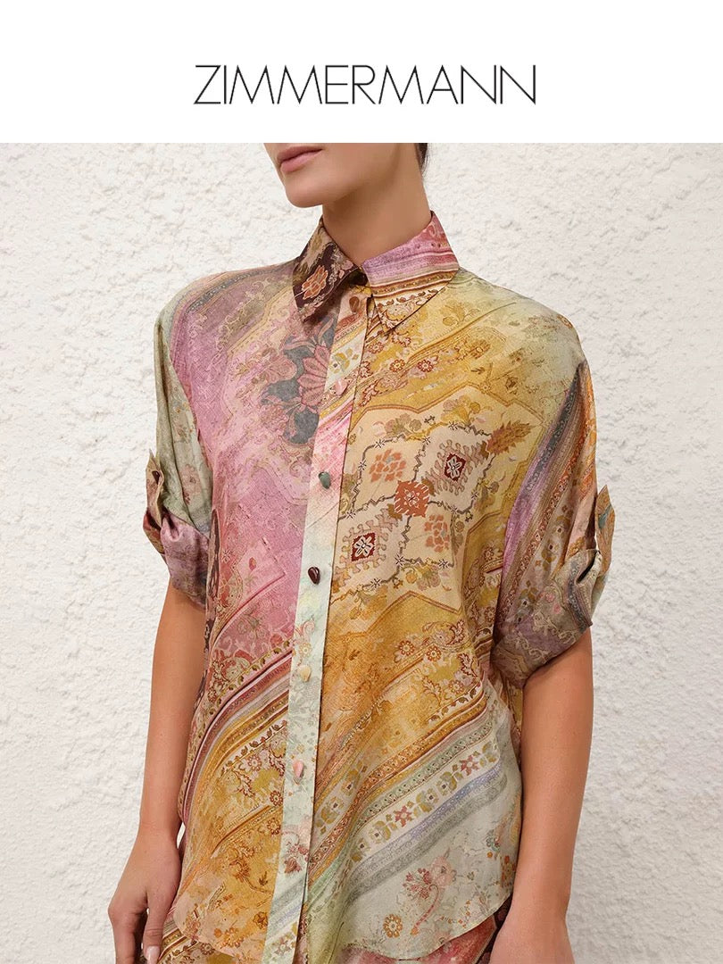 Tallow Relaxed Silk Shirt – Multi-Color Baroque Ombré Twill Silk Blouse