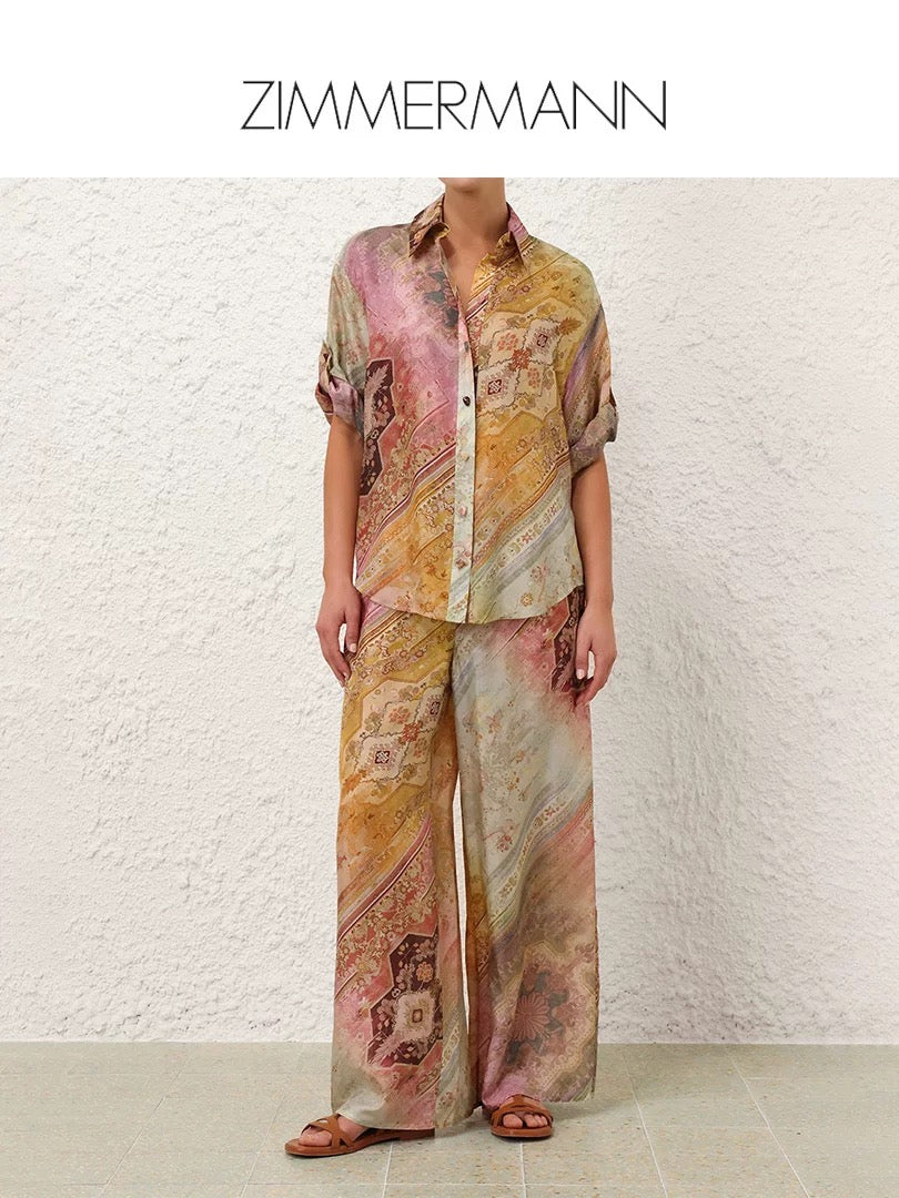Tallow Relaxed Silk Shirt – Multi-Color Baroque Ombré Twill Silk Blouse