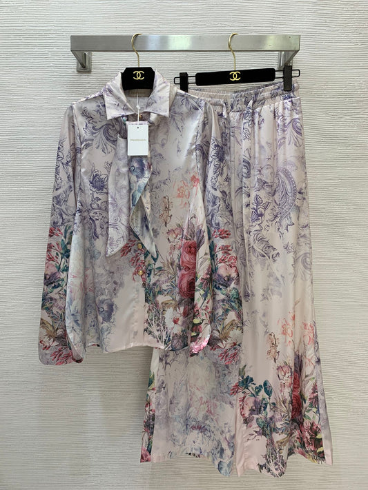 Silk Two-Piece Set – Cream Baroque-Floral Fluid Silk Twill Billow Blouse with Wide-Leg Pants