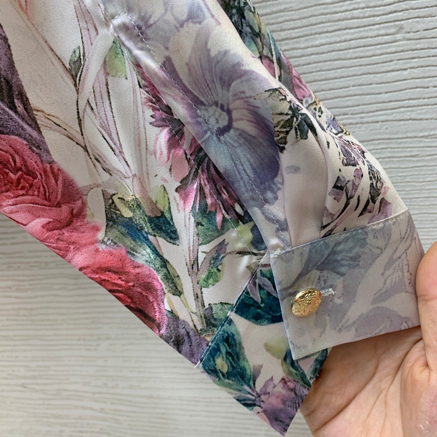 Silk Two-Piece Set – Cream Baroque-Floral Fluid Silk Twill Billow Blouse with Wide-Leg Pants