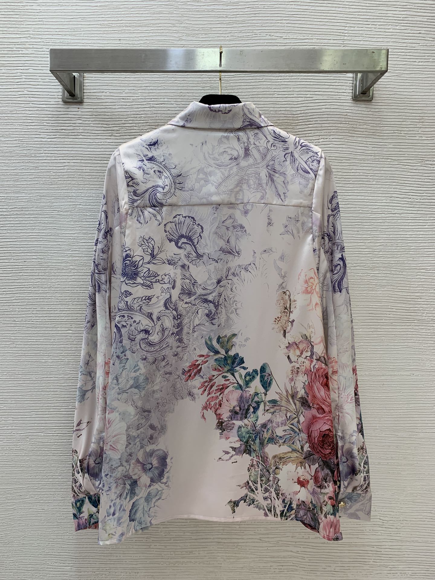 Silk Two-Piece Set – Cream Baroque-Floral Fluid Silk Twill Billow Blouse with Wide-Leg Pants