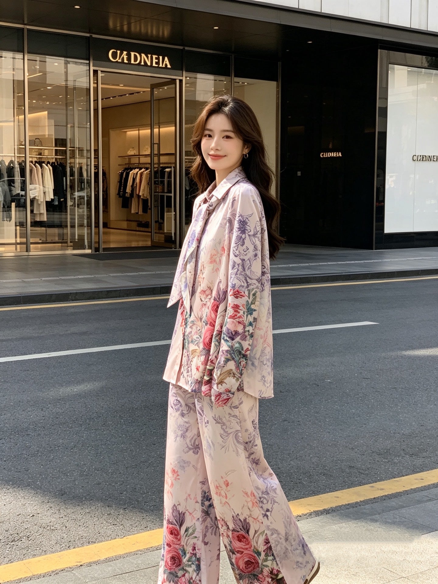 Silk Two-Piece Set – Cream Baroque-Floral Fluid Silk Twill Billow Blouse with Wide-Leg Pants