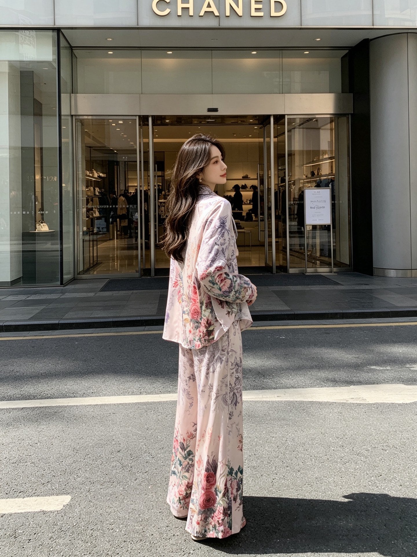 Silk Two-Piece Set – Cream Baroque-Floral Fluid Silk Twill Billow Blouse with Wide-Leg Pants