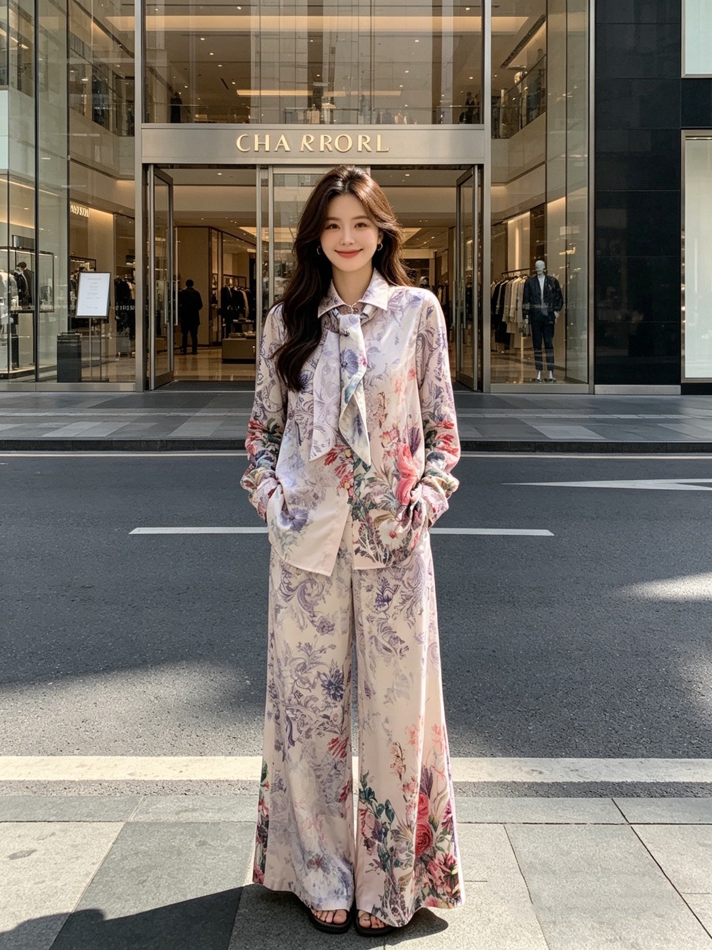 Silk Two-Piece Set – Cream Baroque-Floral Fluid Silk Twill Billow Blouse with Wide-Leg Pants