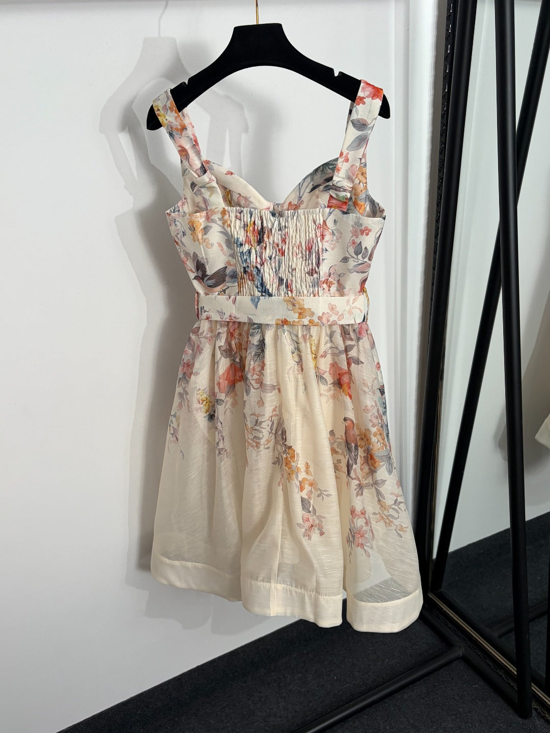 Luna Buttoned Picnic Dress – Ivory Floral & Bird Print Linen-Silk Mini Dress