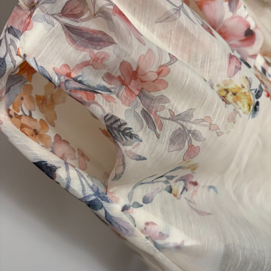 Luna Buttoned Picnic Dress – Ivory Floral & Bird Print Linen-Silk Mini Dress