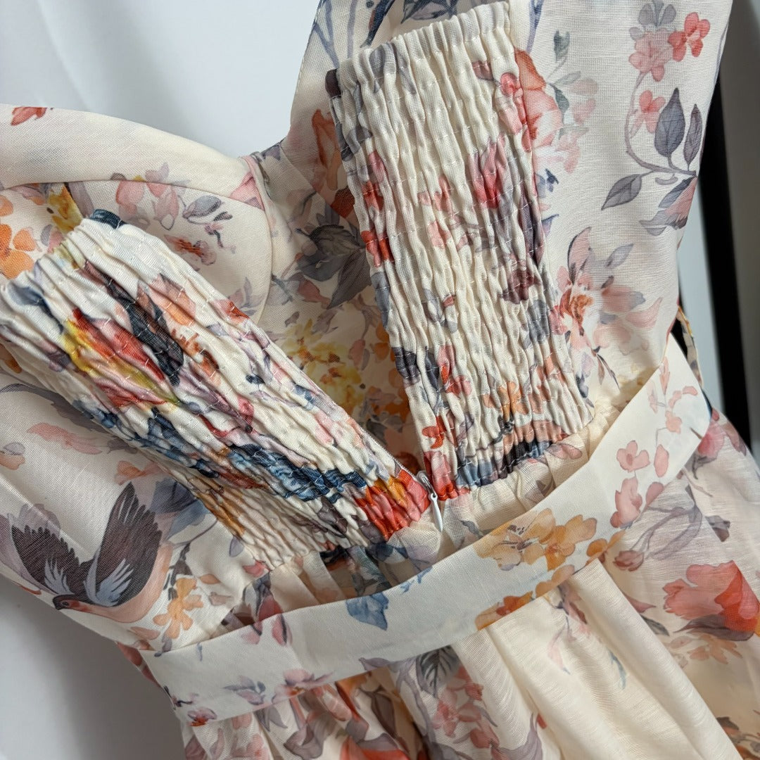 Luna Buttoned Picnic Dress – Ivory Floral & Bird Print Linen-Silk Mini Dress