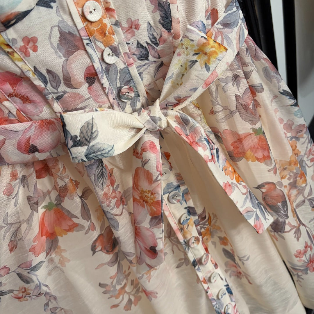 Luna Buttoned Picnic Dress – Ivory Floral & Bird Print Linen-Silk Mini Dress