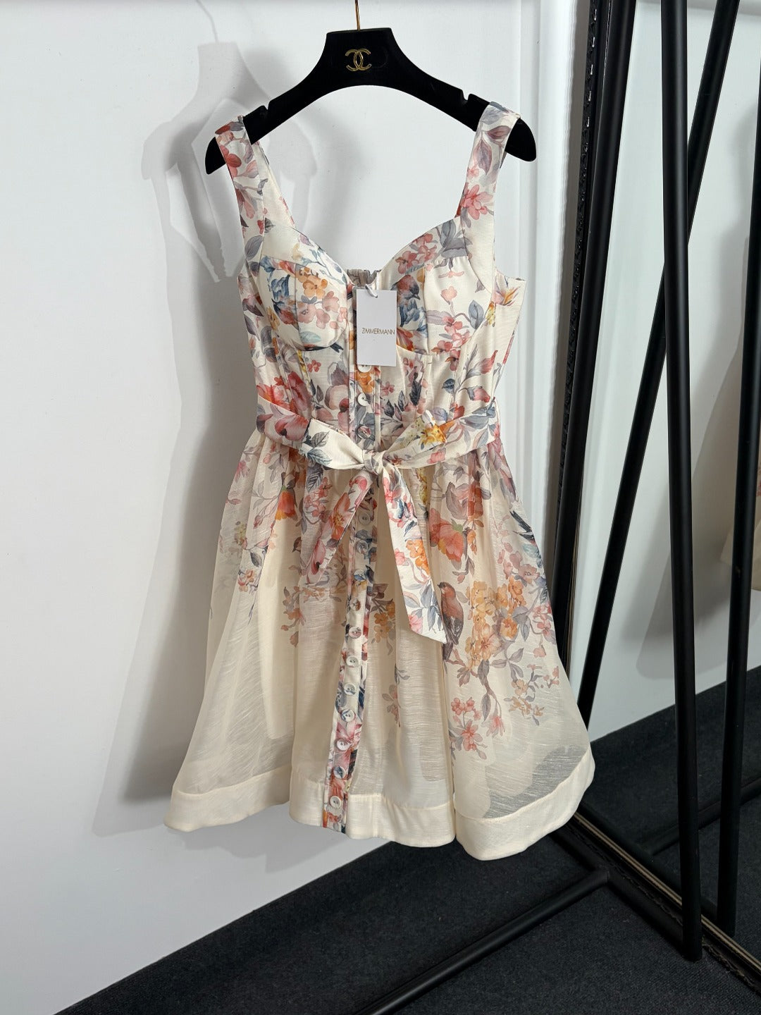 Luna Buttoned Picnic Dress – Ivory Floral & Bird Print Linen-Silk Mini Dress