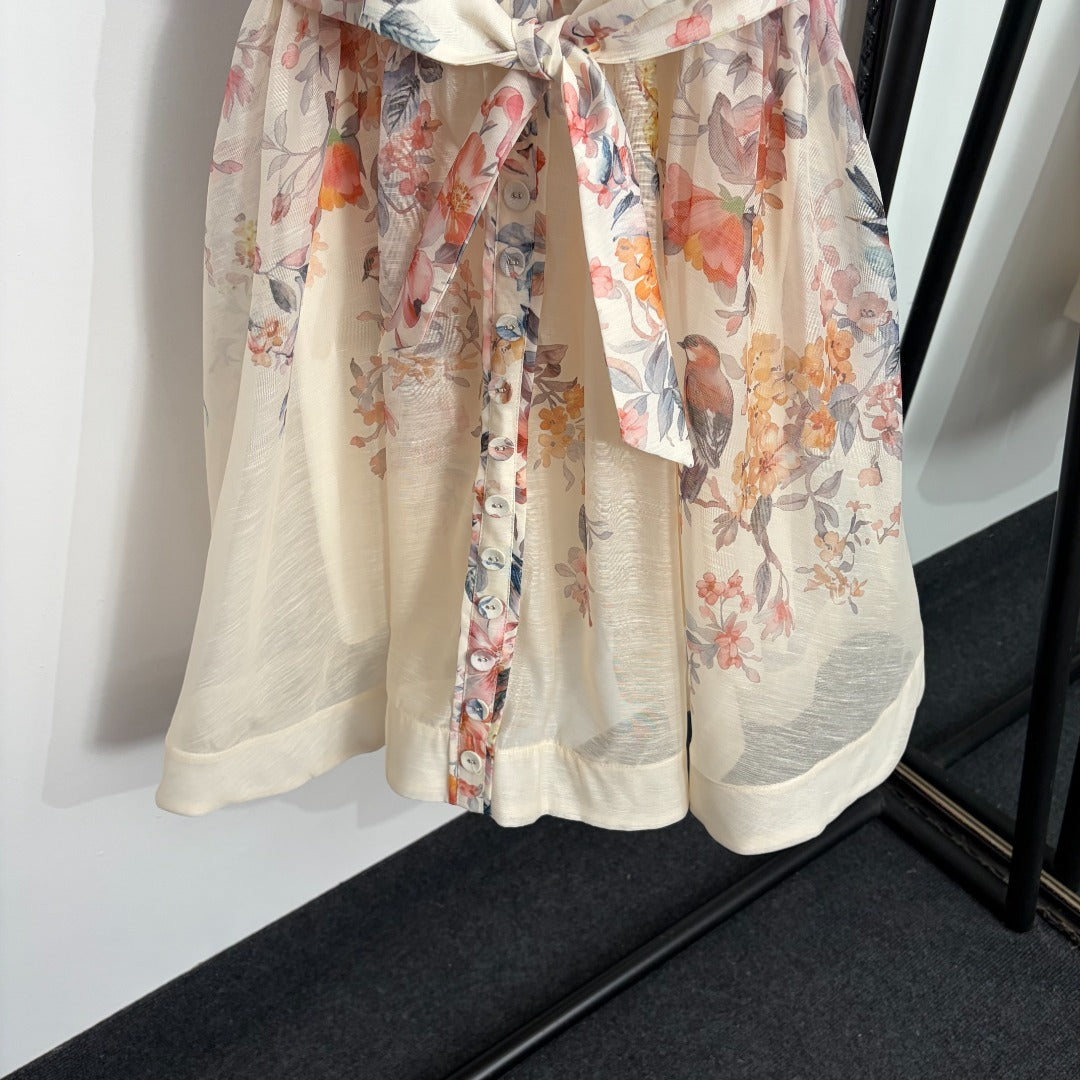 Luna Buttoned Picnic Dress – Ivory Floral & Bird Print Linen-Silk Mini Dress