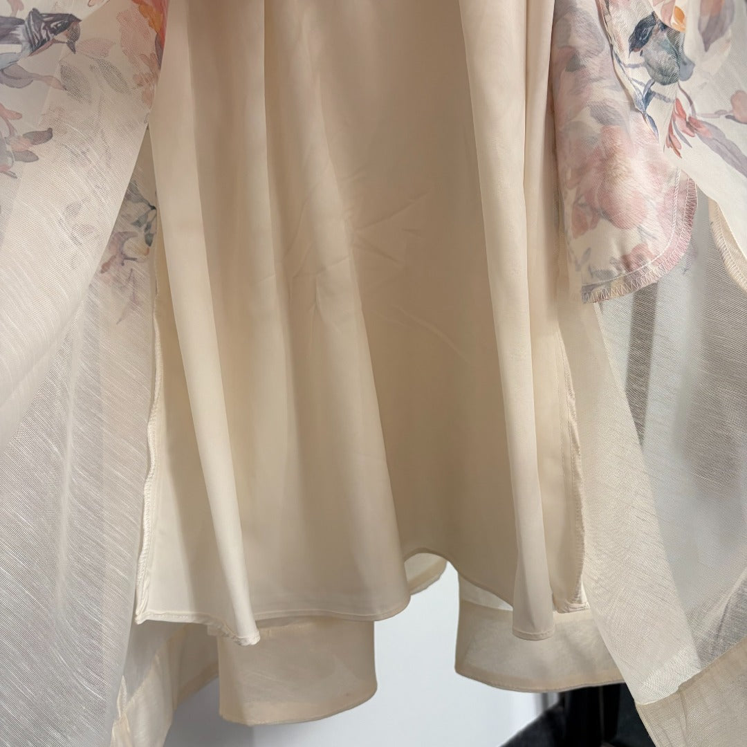 Luna Buttoned Picnic Dress – Ivory Floral & Bird Print Linen-Silk Mini Dress