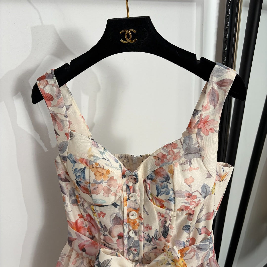 Luna Buttoned Picnic Dress – Ivory Floral & Bird Print Linen-Silk Mini Dress