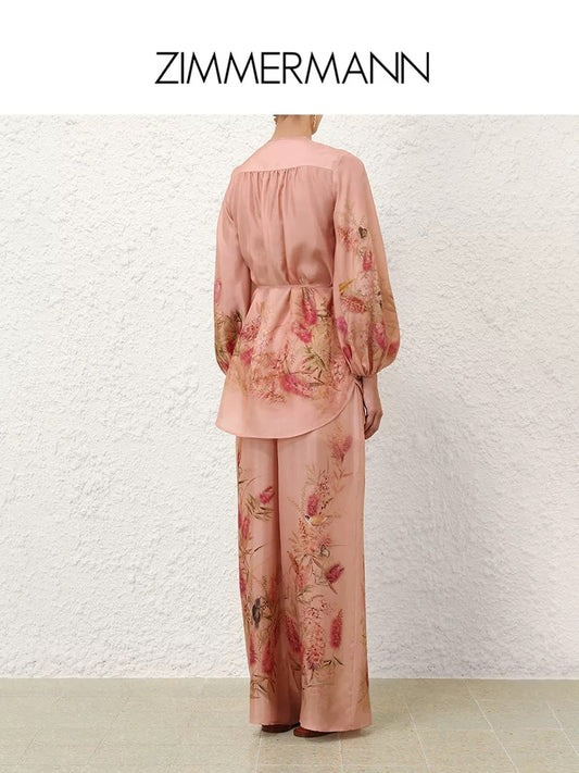 Luminary Silk Two-Piece Set – Muted Rosewater Pink Habotai Silk Tunic and Sweeping Wide-Leg Trousers with Botanical Bird Print