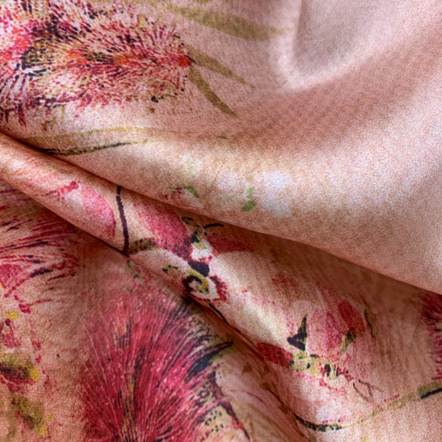 Luminary Silk Two-Piece Set – Muted Rosewater Pink Habotai Silk Tunic and Sweeping Wide-Leg Trousers with Botanical Bird Print