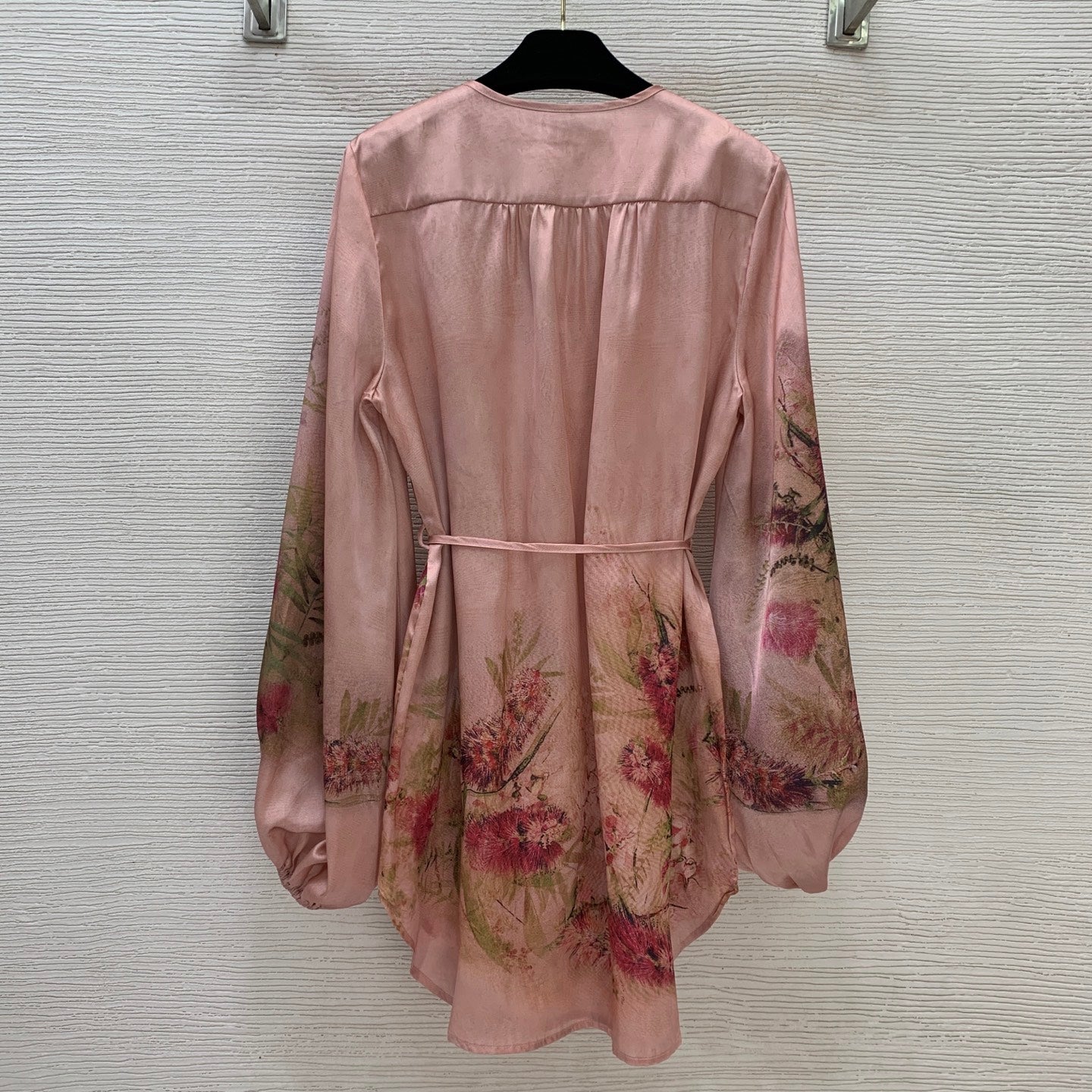 Luminary Silk Two-Piece Set – Muted Rosewater Pink Habotai Silk Tunic and Sweeping Wide-Leg Trousers with Botanical Bird Print
