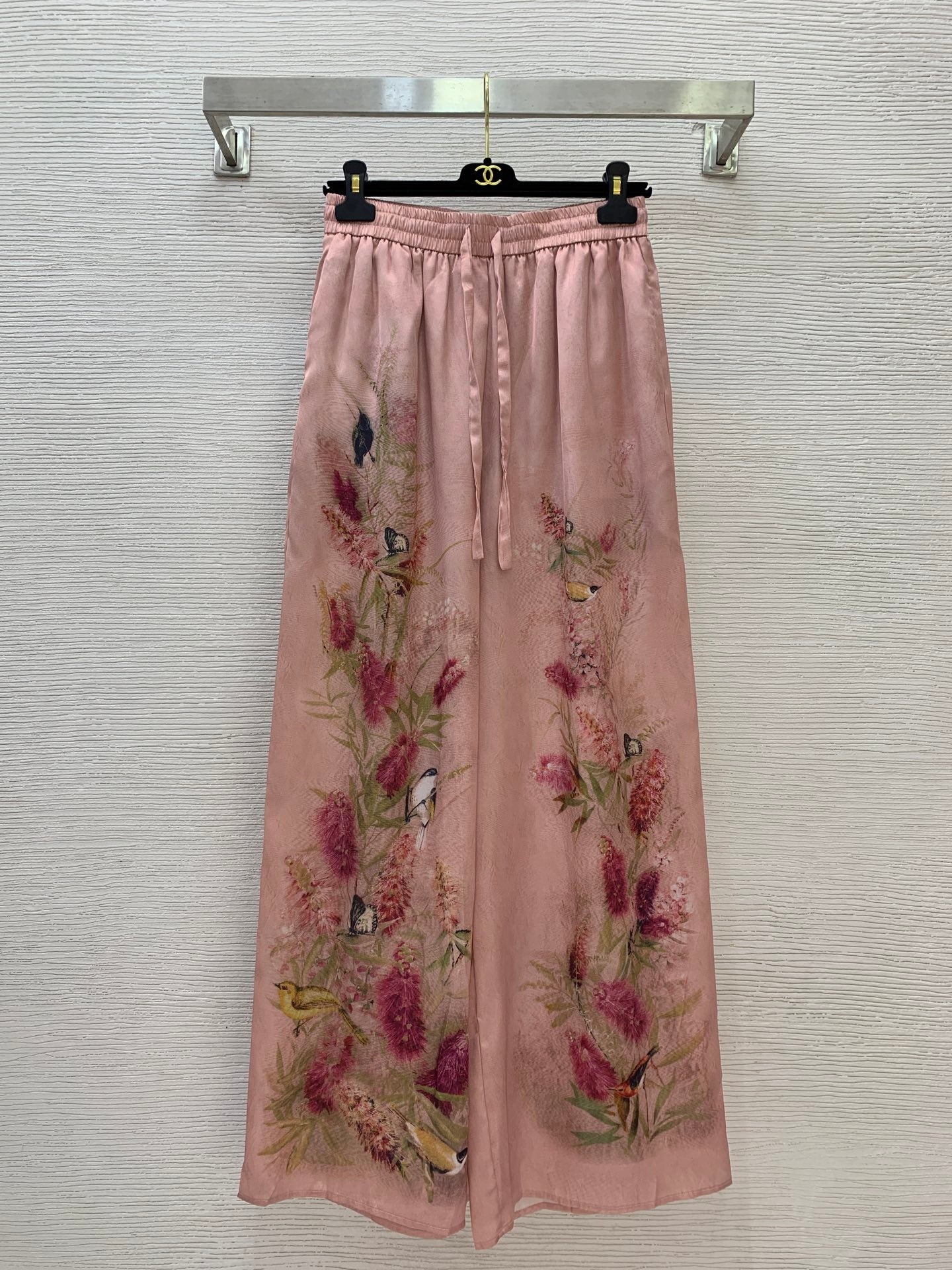Luminary Silk Two-Piece Set – Muted Rosewater Pink Habotai Silk Tunic and Sweeping Wide-Leg Trousers with Botanical Bird Print