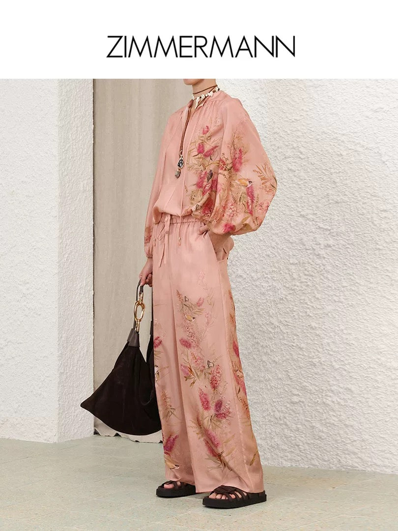 Luminary Silk Two-Piece Set – Muted Rosewater Pink Habotai Silk Tunic and Sweeping Wide-Leg Trousers with Botanical Bird Print