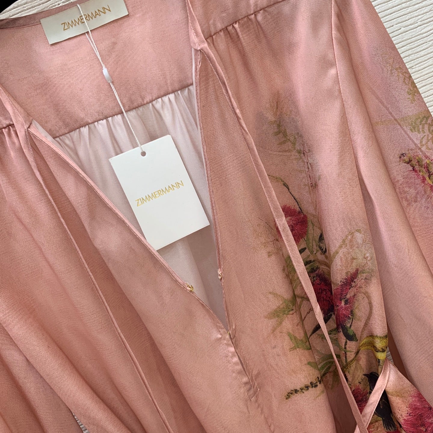 Luminary Silk Two-Piece Set – Muted Rosewater Pink Habotai Silk Tunic and Sweeping Wide-Leg Trousers with Botanical Bird Print