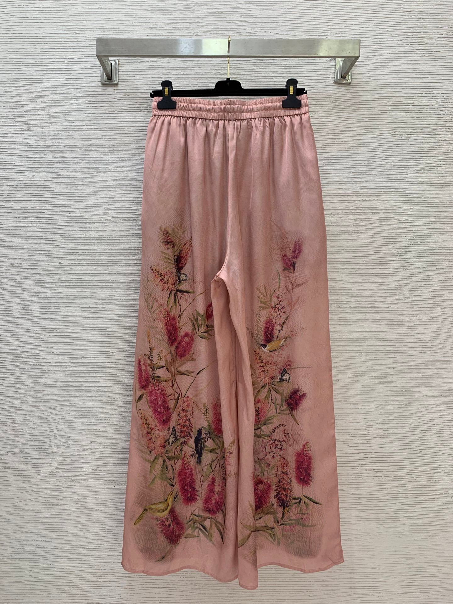 Luminary Silk Two-Piece Set – Muted Rosewater Pink Habotai Silk Tunic and Sweeping Wide-Leg Trousers with Botanical Bird Print