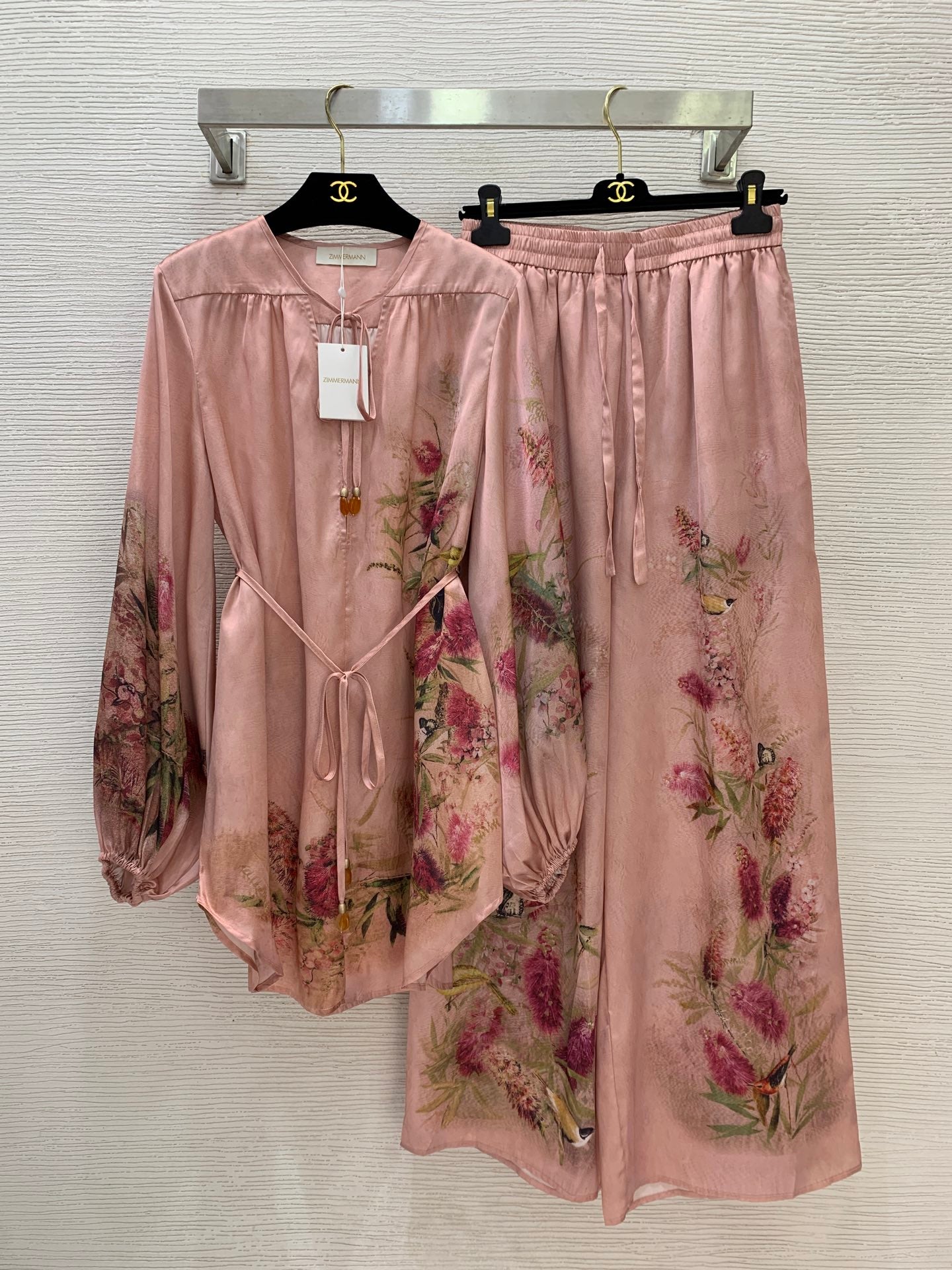 Luminary Silk Two-Piece Set – Muted Rosewater Pink Habotai Silk Tunic and Sweeping Wide-Leg Trousers with Botanical Bird Print