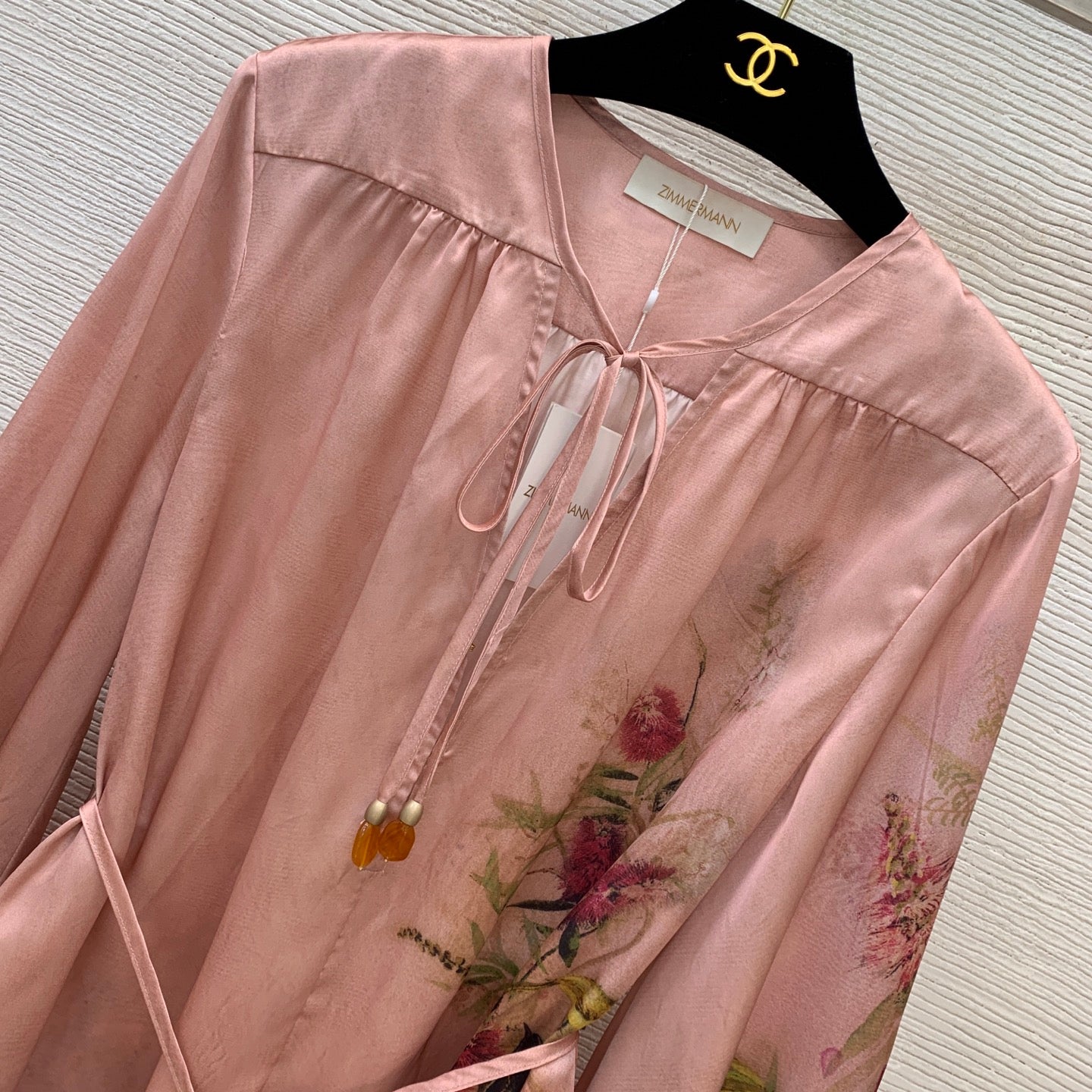 Luminary Silk Two-Piece Set – Muted Rosewater Pink Habotai Silk Tunic and Sweeping Wide-Leg Trousers with Botanical Bird Print
