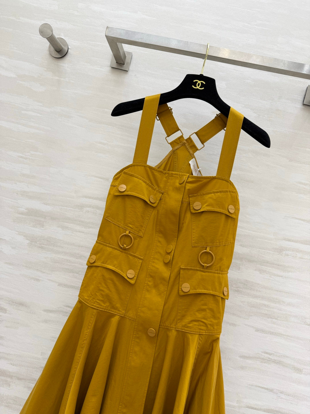 Zimm Master Cargo Midi Dress – Spiced Mustard Cotton Canvas Pinafore Dress