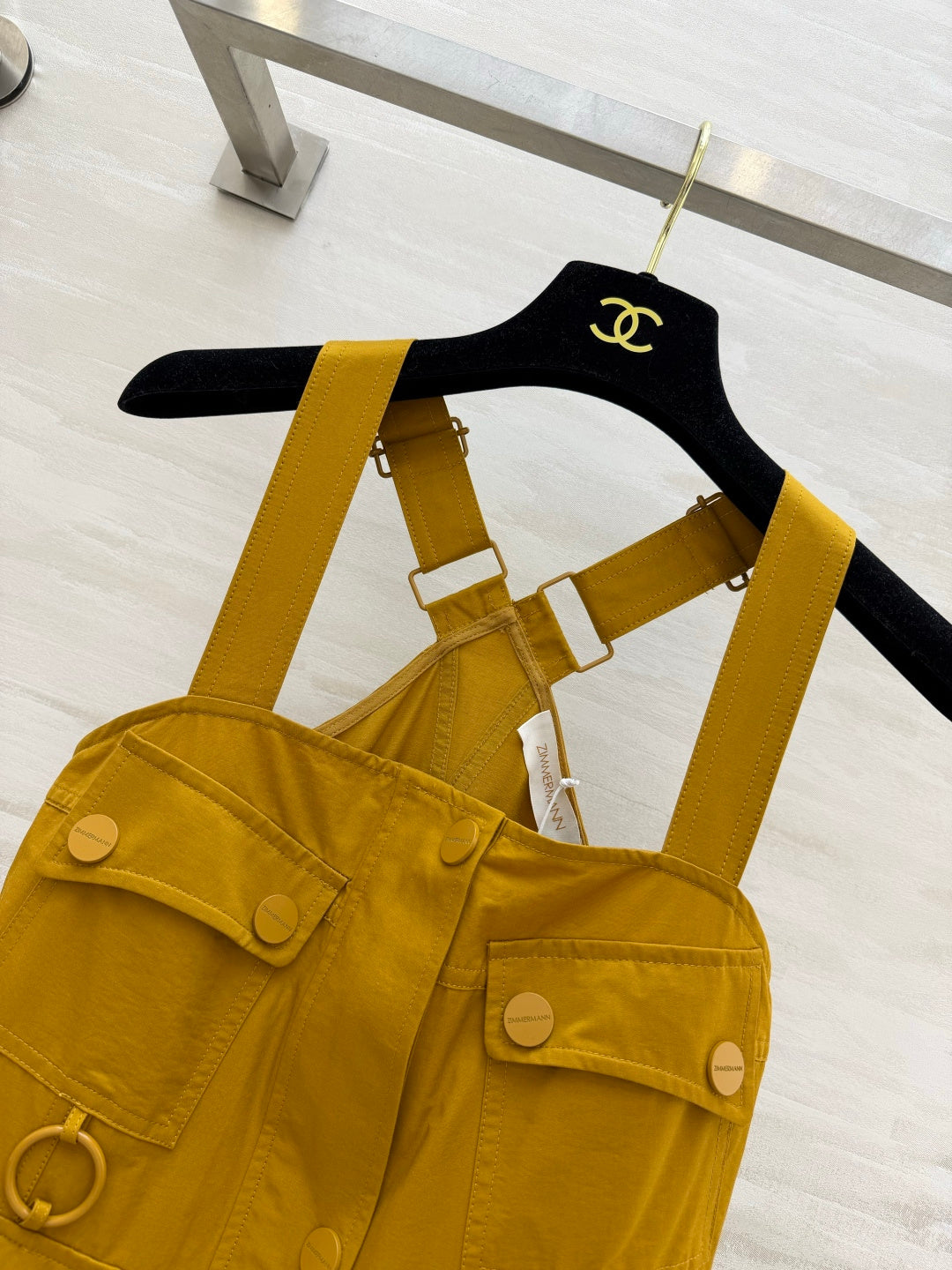 Zimm Master Cargo Midi Dress – Spiced Mustard Cotton Canvas Pinafore Dress