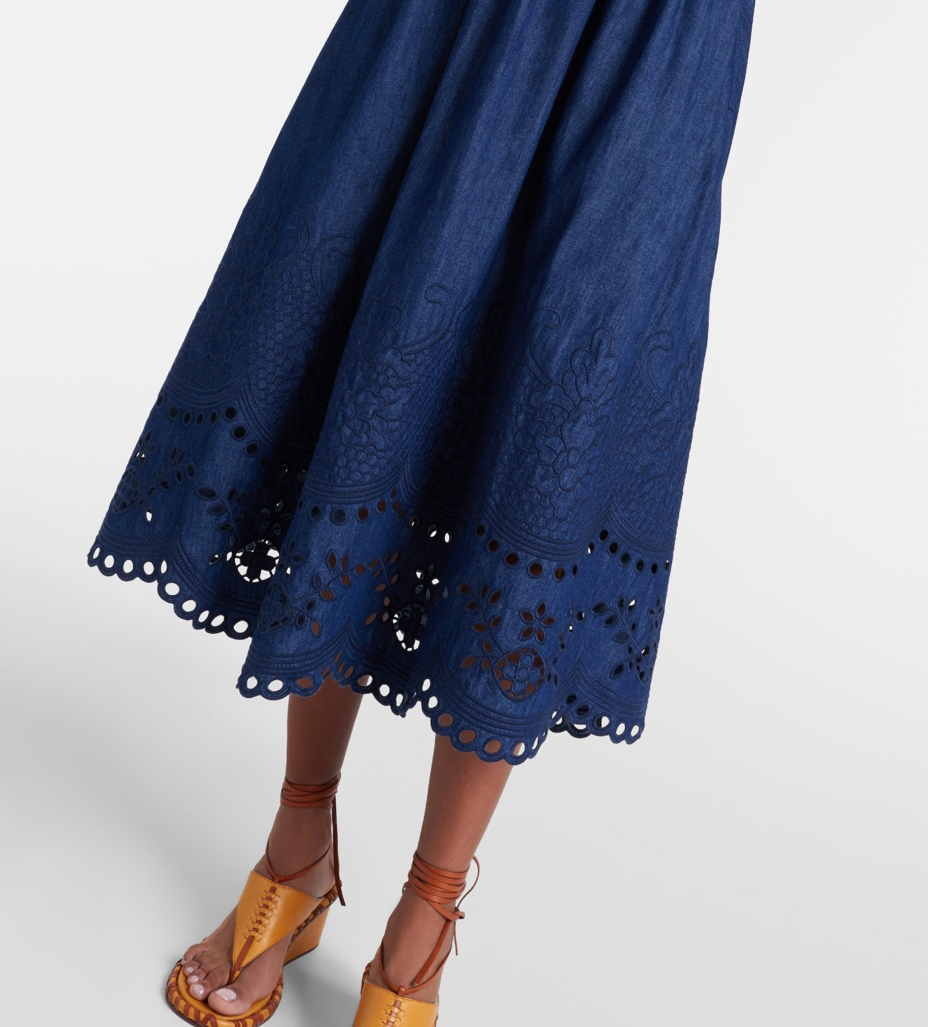 Denim Midi Dress – Deep Indigo Broderie Anglaise Floral Cut-Out Skirt with Smocked Back