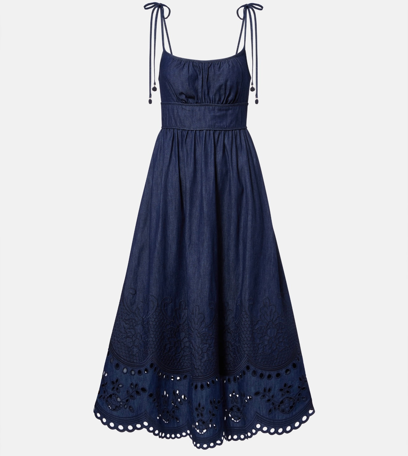 Denim Midi Dress – Deep Indigo Broderie Anglaise Floral Cut-Out Skirt with Smocked Back