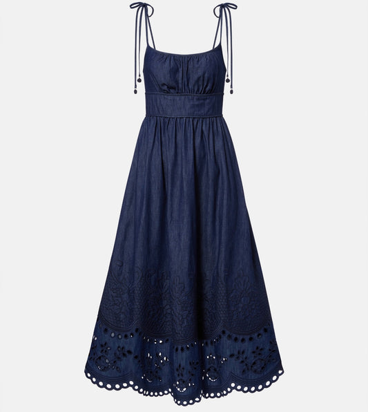 Denim Midi Dress – Deep Indigo Broderie Anglaise Floral Cut-Out Skirt with Smocked Back