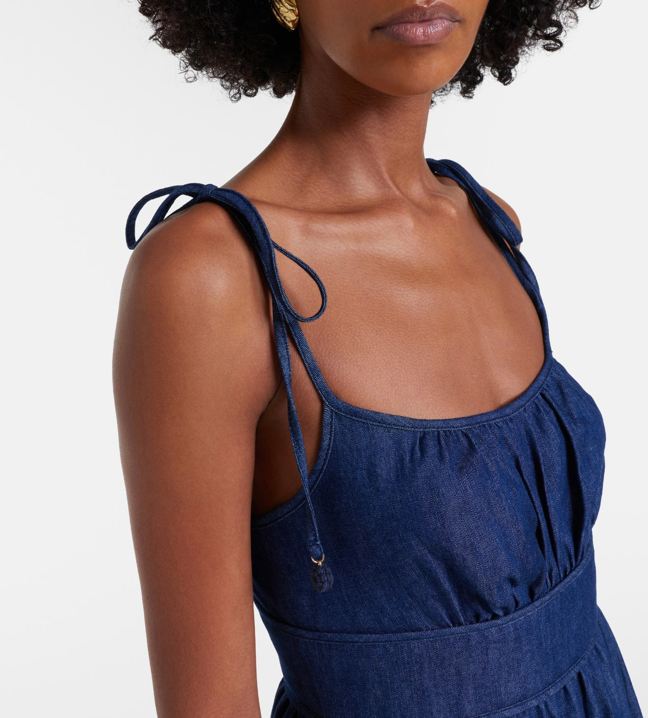 Denim Midi Dress – Deep Indigo Broderie Anglaise Floral Cut-Out Skirt with Smocked Back