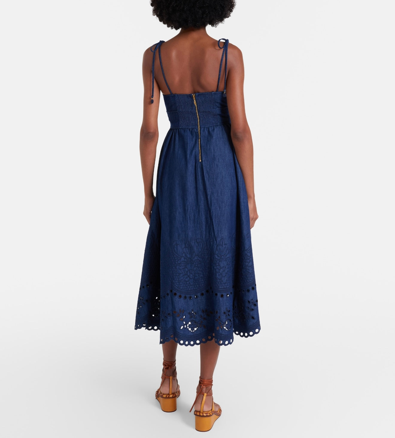Denim Midi Dress – Deep Indigo Broderie Anglaise Floral Cut-Out Skirt with Smocked Back
