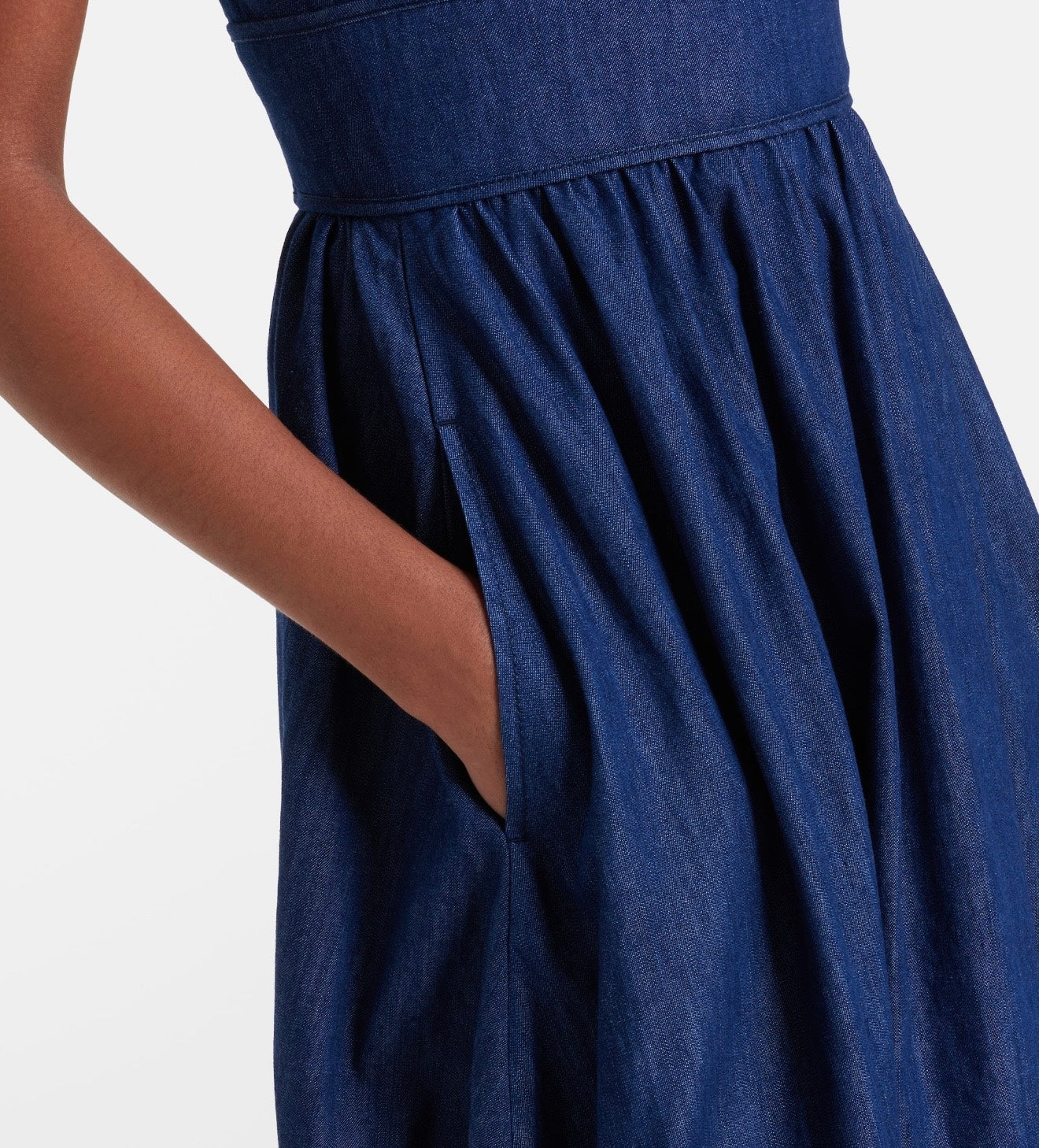 Denim Midi Dress – Deep Indigo Broderie Anglaise Floral Cut-Out Skirt with Smocked Back