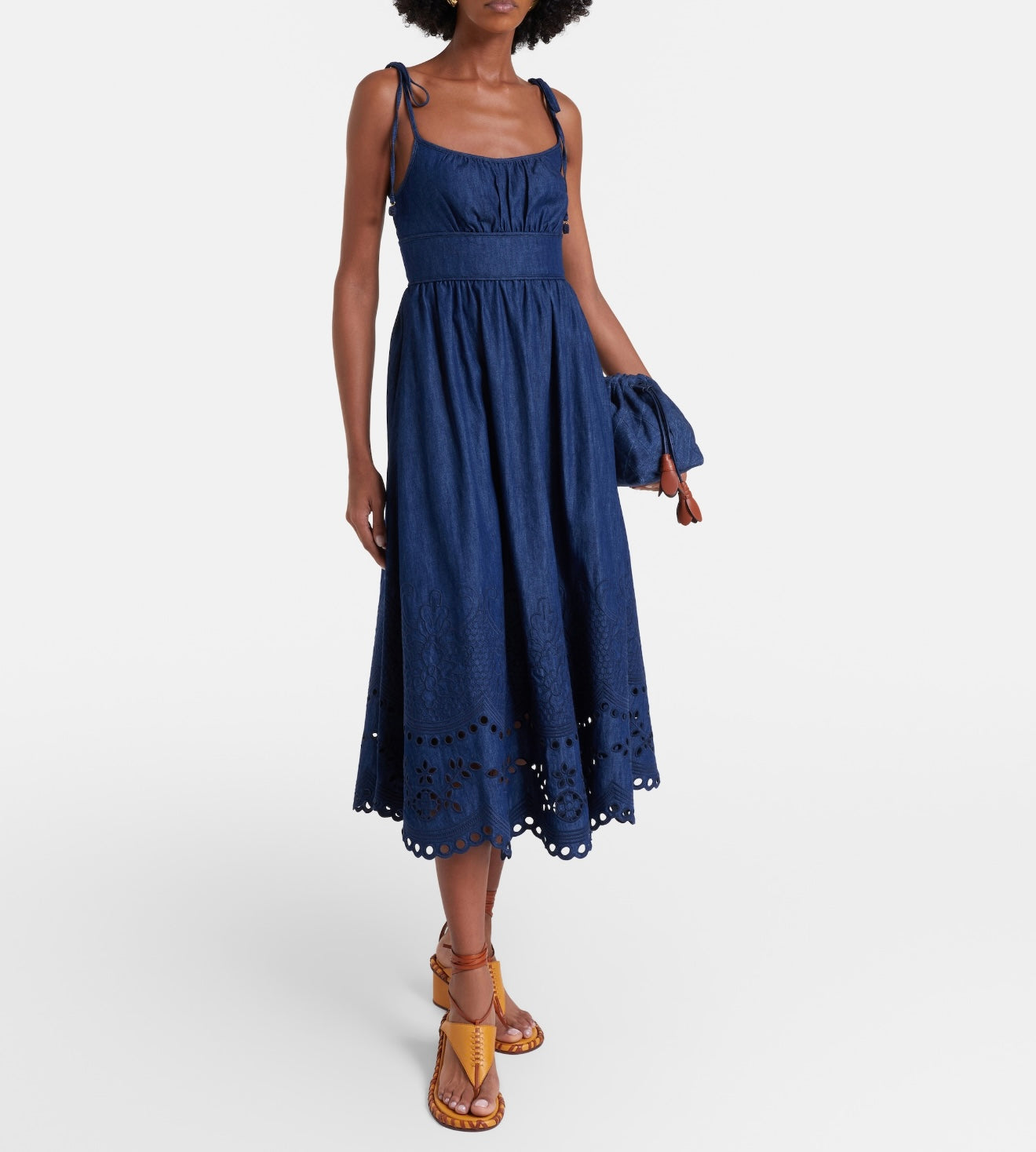 Denim Midi Dress – Deep Indigo Broderie Anglaise Floral Cut-Out Skirt with Smocked Back