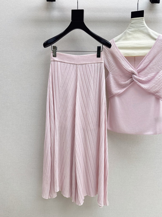 Zimm Matchmaker Ribbed Knit Set – Sculptural Twist-Front Sleeveless Top &amp; Chevron-Ribbed Flared Wide-Leg Trousers