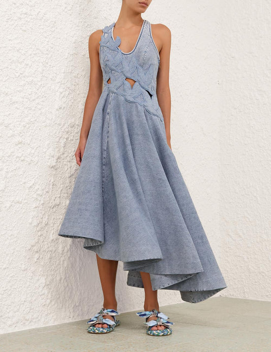 Zimm Natura Cutout Denim Midi Dress – Light-Wash Vintage Sky Blue Asymmetrical Midi