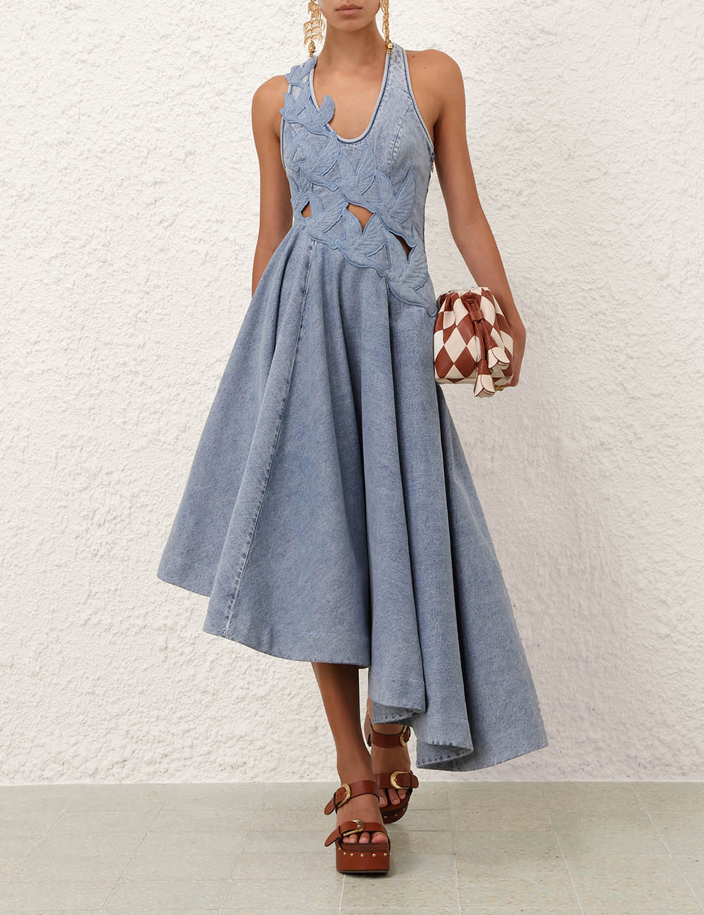 Zimm Natura Cutout Denim Midi Dress – Light-Wash Vintage Sky Blue Asymmetrical Midi